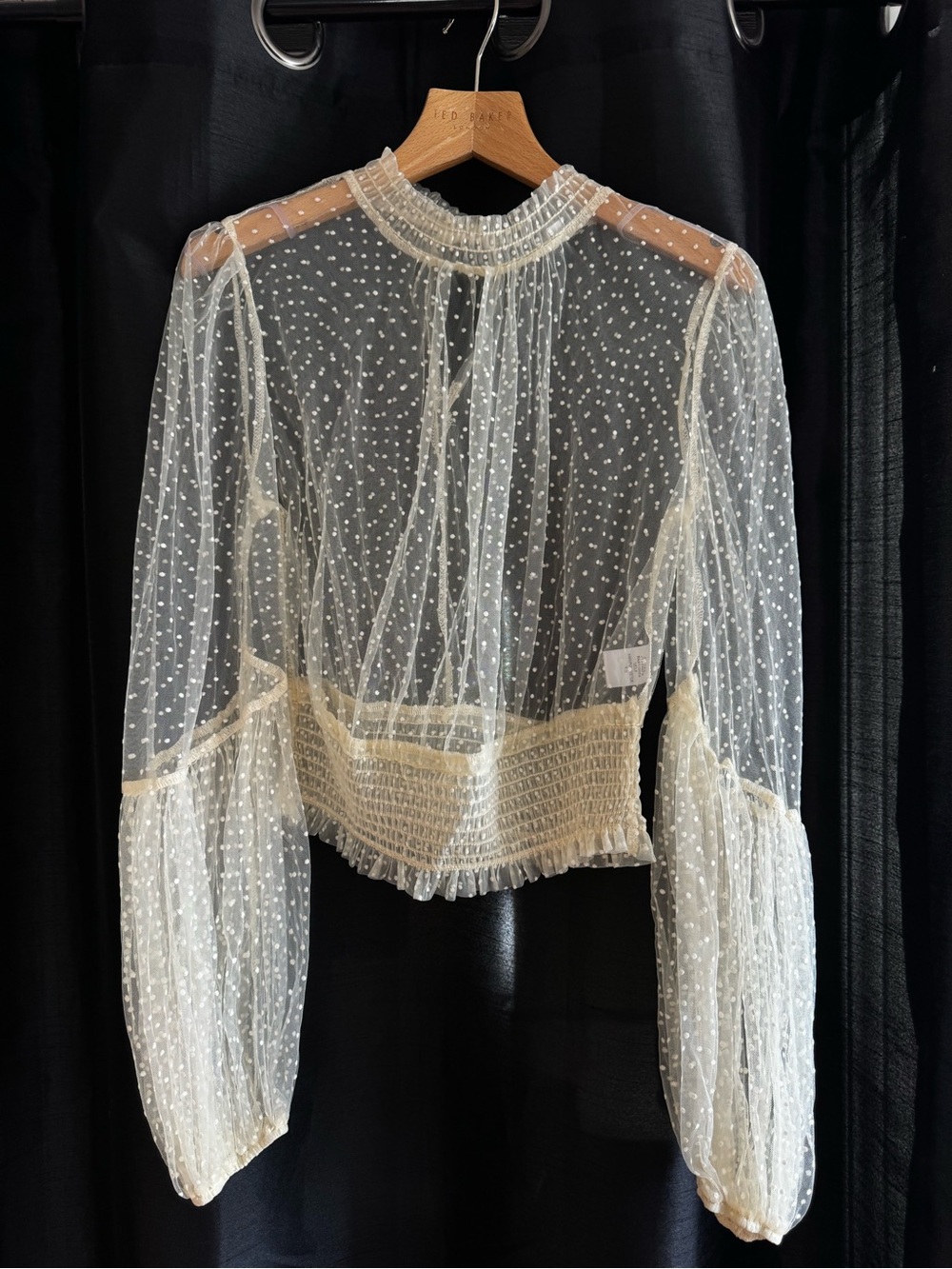 Fashionova Sheer Ivory Dot-Print Long-Sleeve Crop Blouse